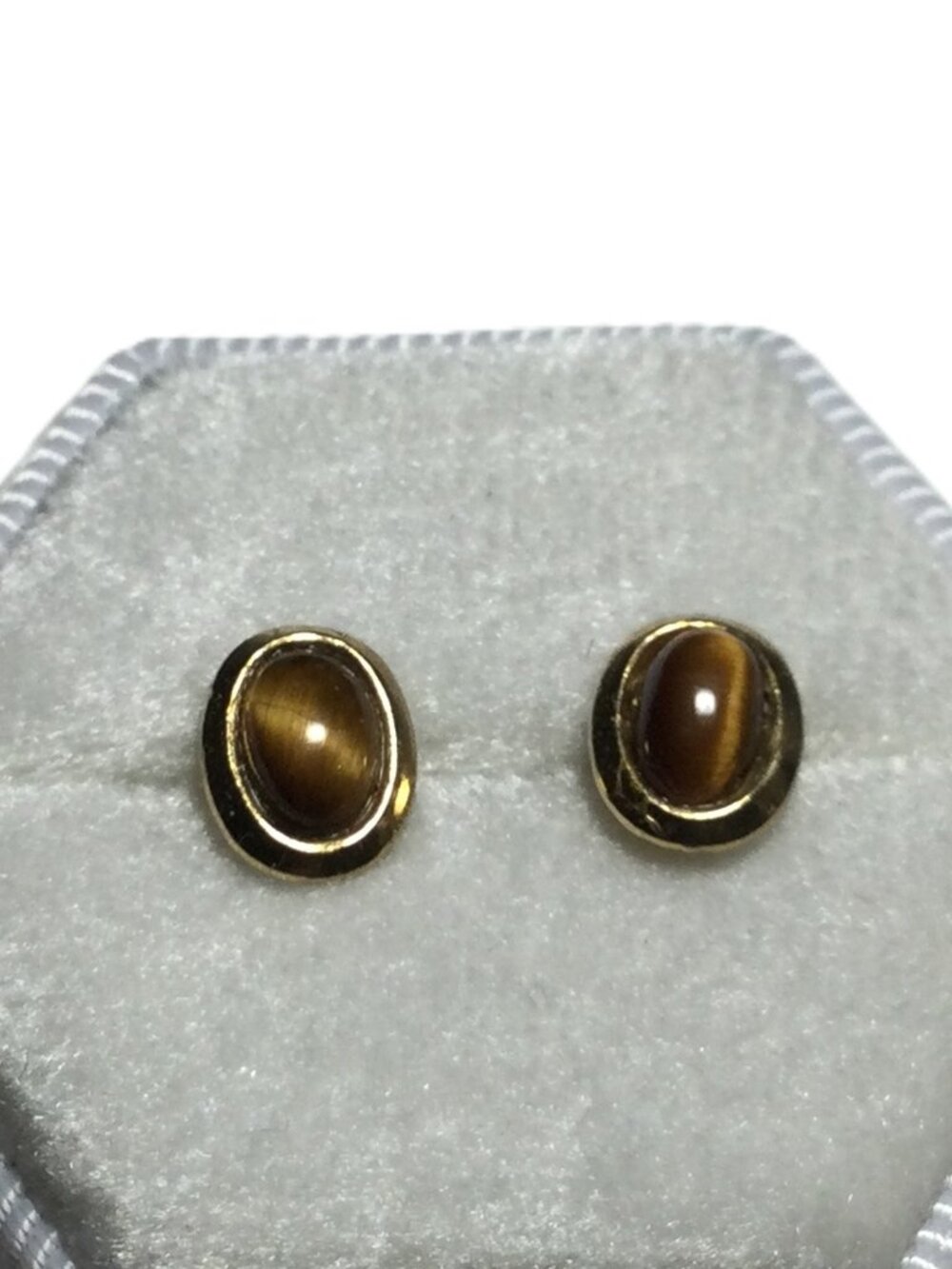 1960's 14K Yellow Gold Dainty Oval Tiger Eye Stud Earrings